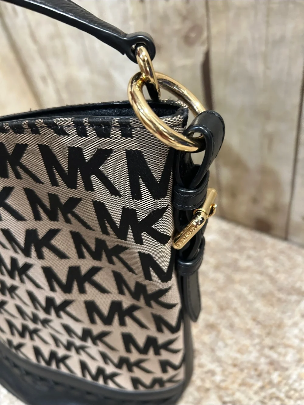 Michael Kors Black & Beige MK Logo Bucket Shoulder Bag Gold Hardware